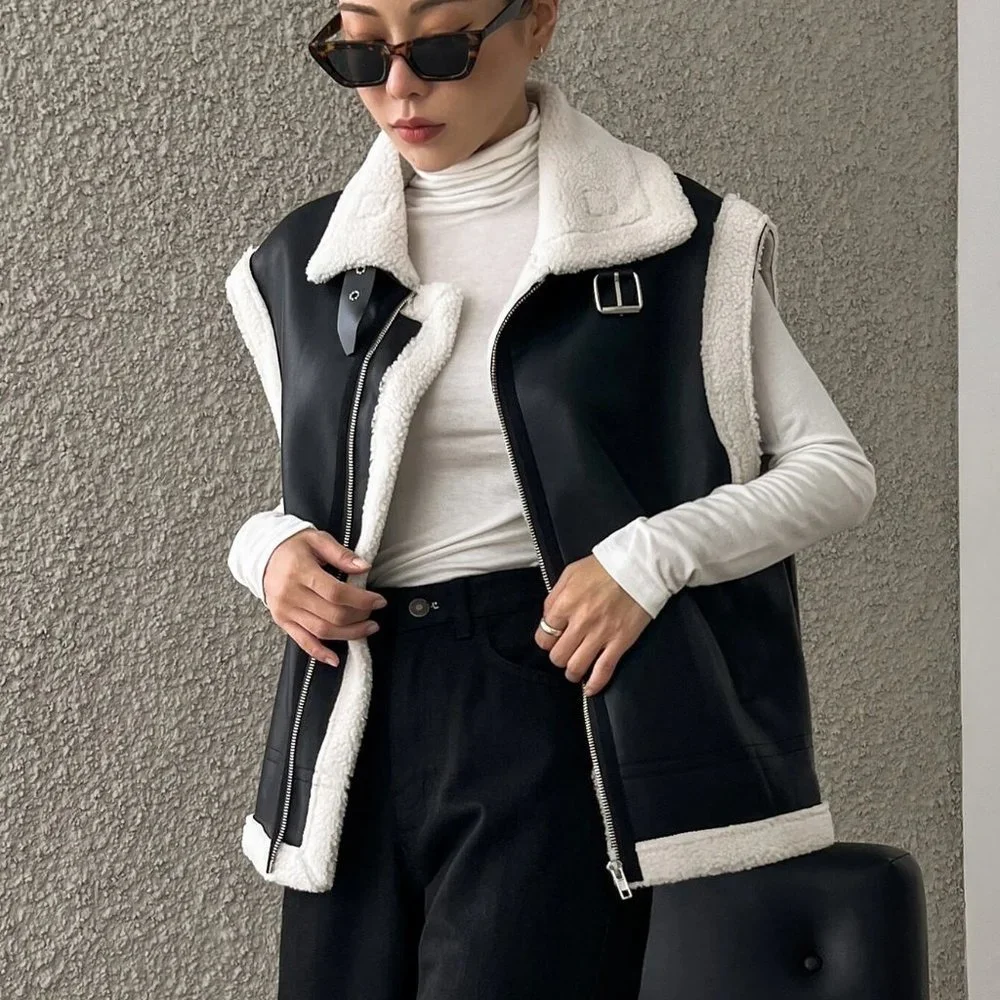 Black And White Boho Womens Contrast Trim Zip Up PU Vest Coat - Picture 4 of 6